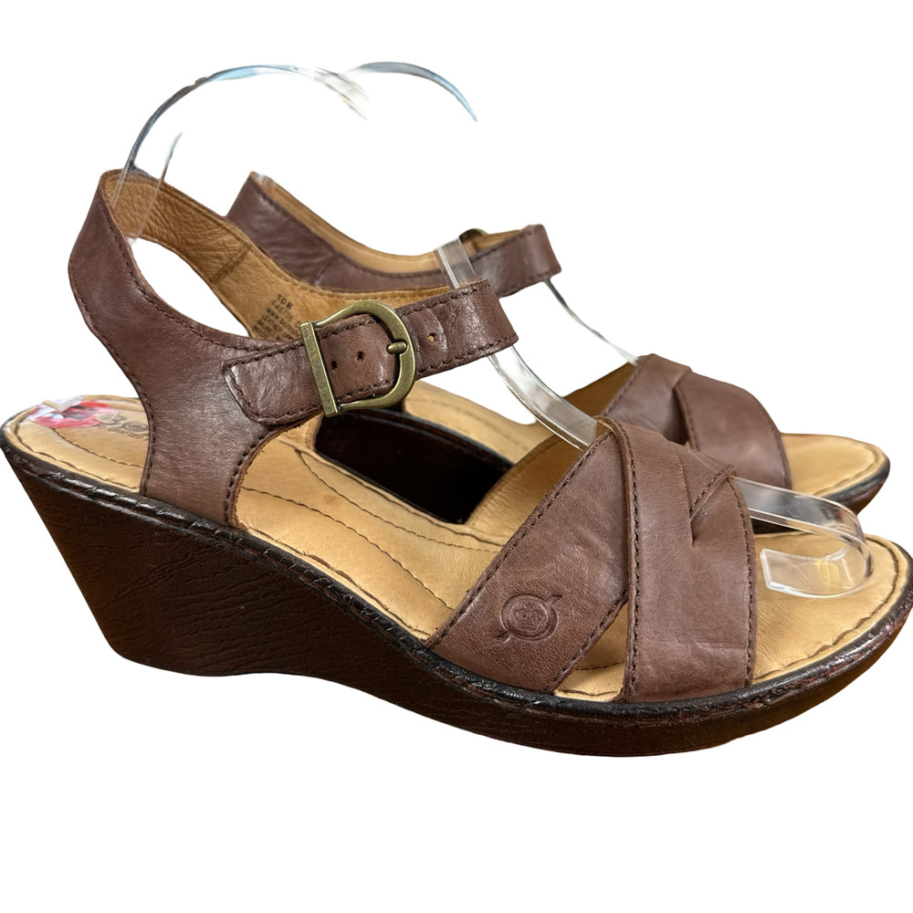 Born Brown Leather Wedge Ankle Strap Crisscross Sandals Open Toe Shoes sz 10 M